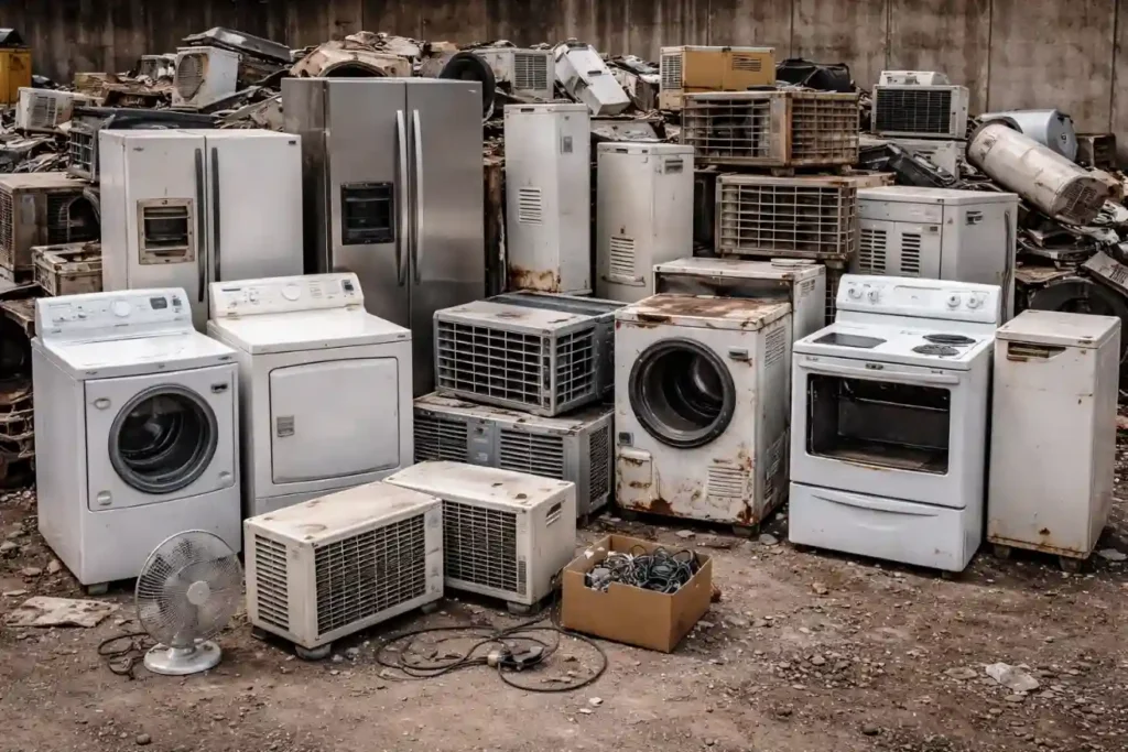 Collection of old refrigerators, washers, and A/C units ready for metal recycling