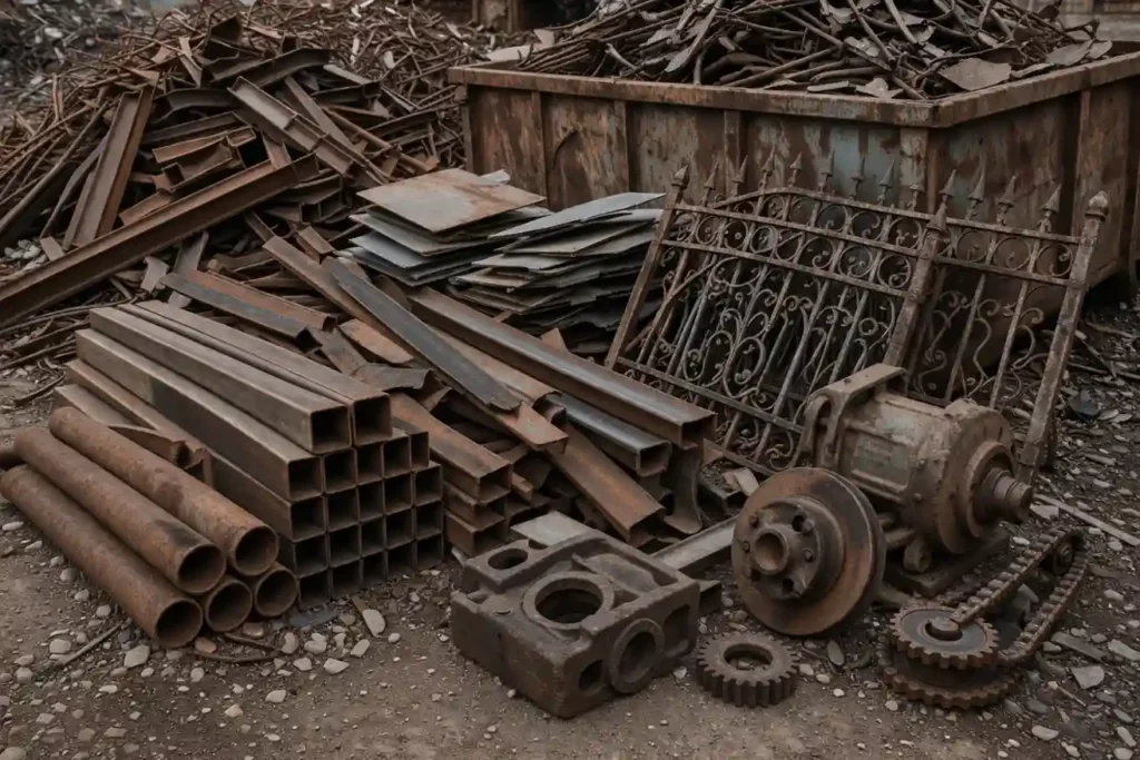 Pile of heavy ferrous metals including steel beams and cast iron gears for recycling
