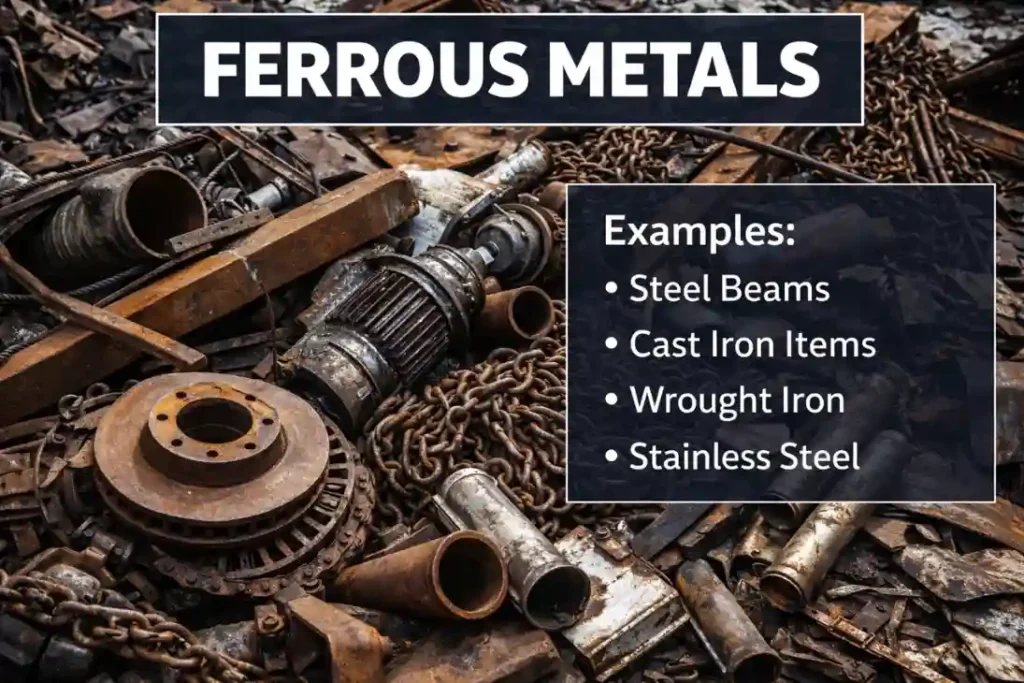 Examples of ferrous scrap metals we accept including steel beams, cast iron, and wrought iron