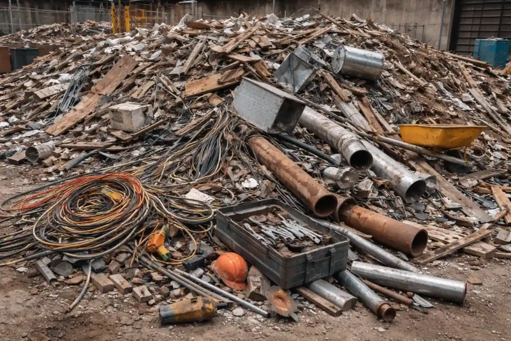 Mixed general scrap metal, piping, and wiring piled at a recycling facility