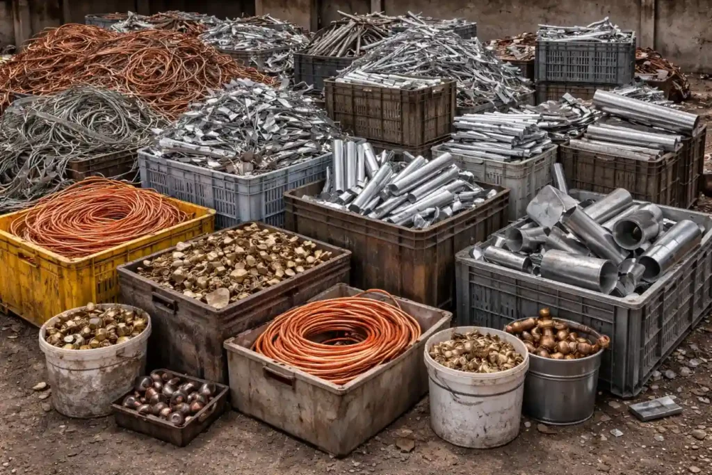 Bins of organized non-ferrous scrap metals including clean copper wire and brass fittings