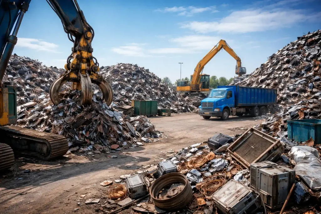 Large crane sorting scrap metal at 818 Metal Recycling scrapyard in Van Nuys