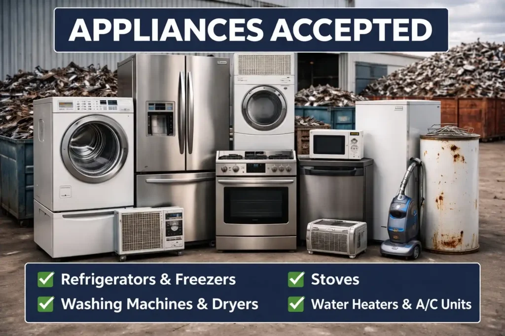 Various household appliances accepted for recycling including refrigerators, stoves, and washing machines