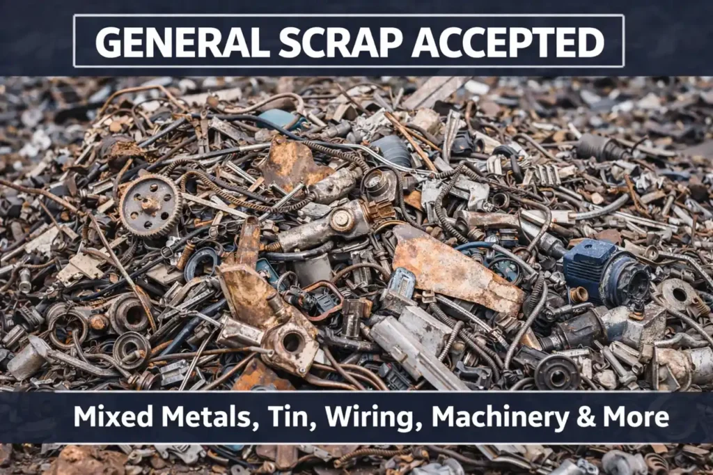 Assorted general scrap and job site materials accepted for recycling including construction debris and piping