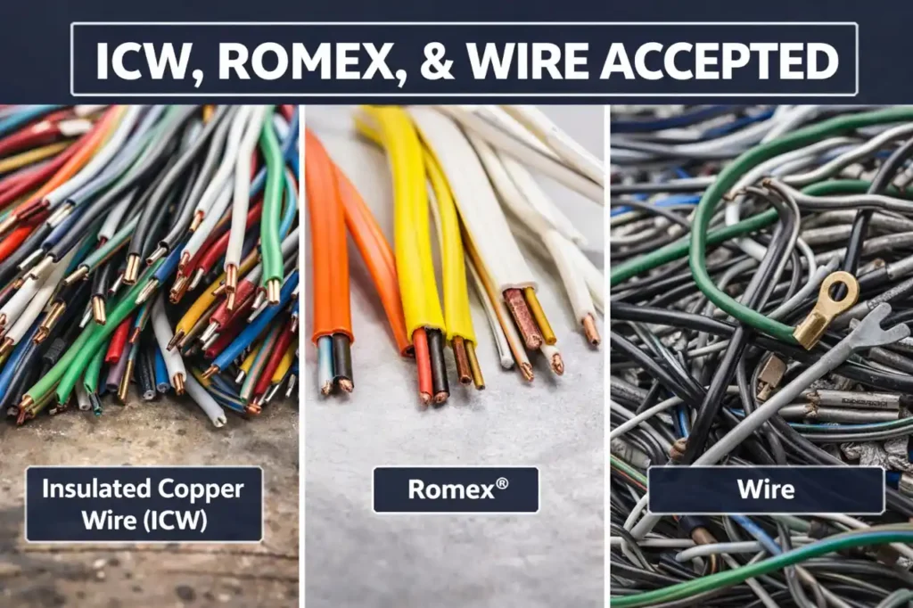 Scrap electrical wire accepted for recycling including Insulated Copper Wire ICW and Romex at 818 Metal Recycling